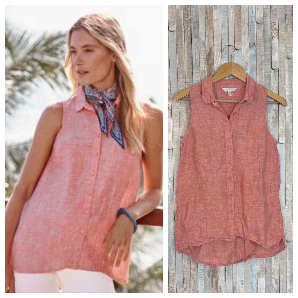 Garnet Hill 8โ Coral Pink Easy 100% Linen Sleeveless Button Down Tank Top Flax